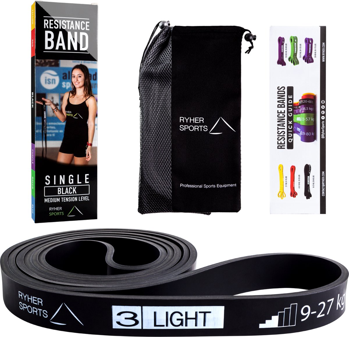 Ryher Supportive Pull-Up Band - Rekbare weerstandsband - voor fitness, Pull-Ups, Powerlifting Draagband + eBook en draagtas (SINGLE: #3 Black)