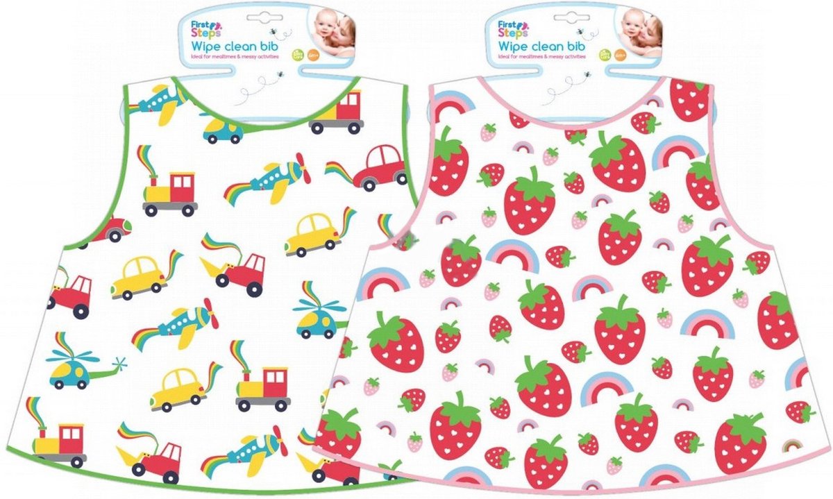 Goedkoopste Set van 2 baby en peuter kliederschort slabbetje van pvc met aardbeien en autotjes XL formaat