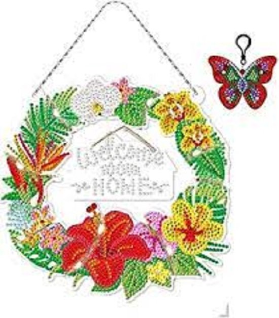 Foto: Diamond painting krans wall hanging met extra sleutelhanger welcome home