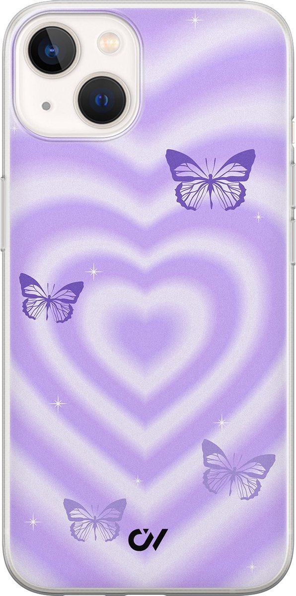 Hoesje geschikt voor Apple iPhone 13 - Retro Hart Vlinder - - Paars - Apple - Casevibes