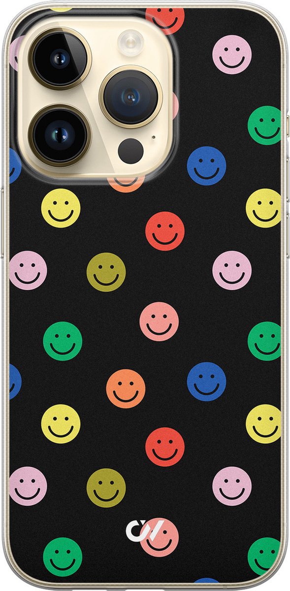 Hoesje geschikt voor Apple iPhone 14 Pro - Retro Smileys - - Zwart - Apple - Casevibes