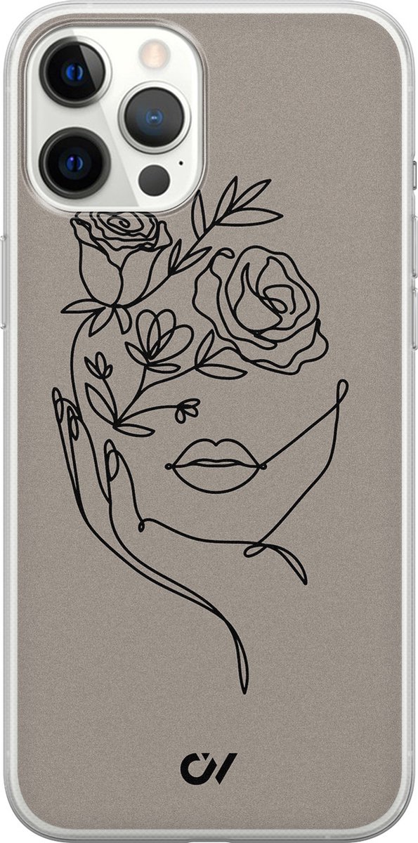 Hoesje geschikt voor Apple iPhone 12 Pro Max - Oneline Face Flower - - Grijs - Apple - Casevibes