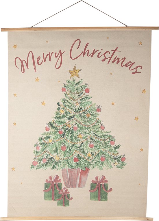 Clayre & Eef Wandkleed 120x150 cm Beige Groen Hout Textiel Rechthoek Kerstboom Wanddoek