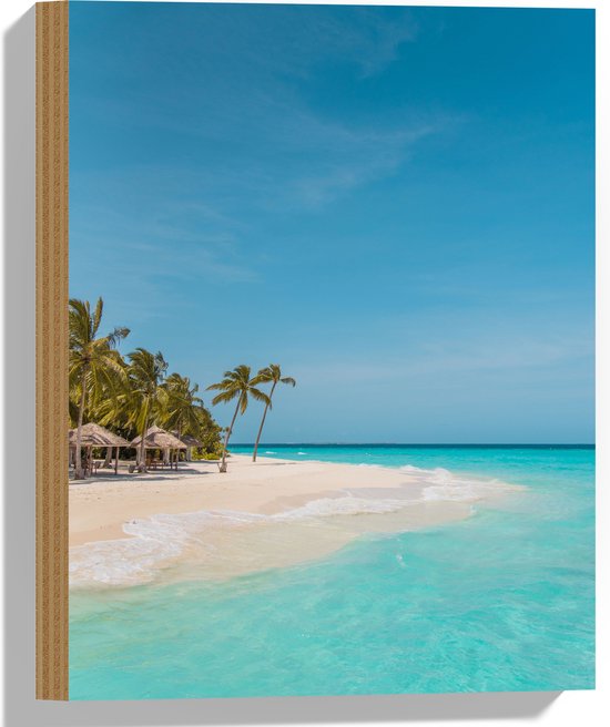 WallClassics - Hout - Tropisch Strand met Palmbomen - 30x40 cm - 12 mm dik - Foto op Hout (Met Ophangsysteem)