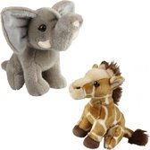 Ravensden - Knuffeldieren set olifant en giraffe pluche knuffels 18 cm