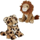 Ravensden - Knuffeldieren set leeuw en cheetah luipaard pluche knuffels 18 cm