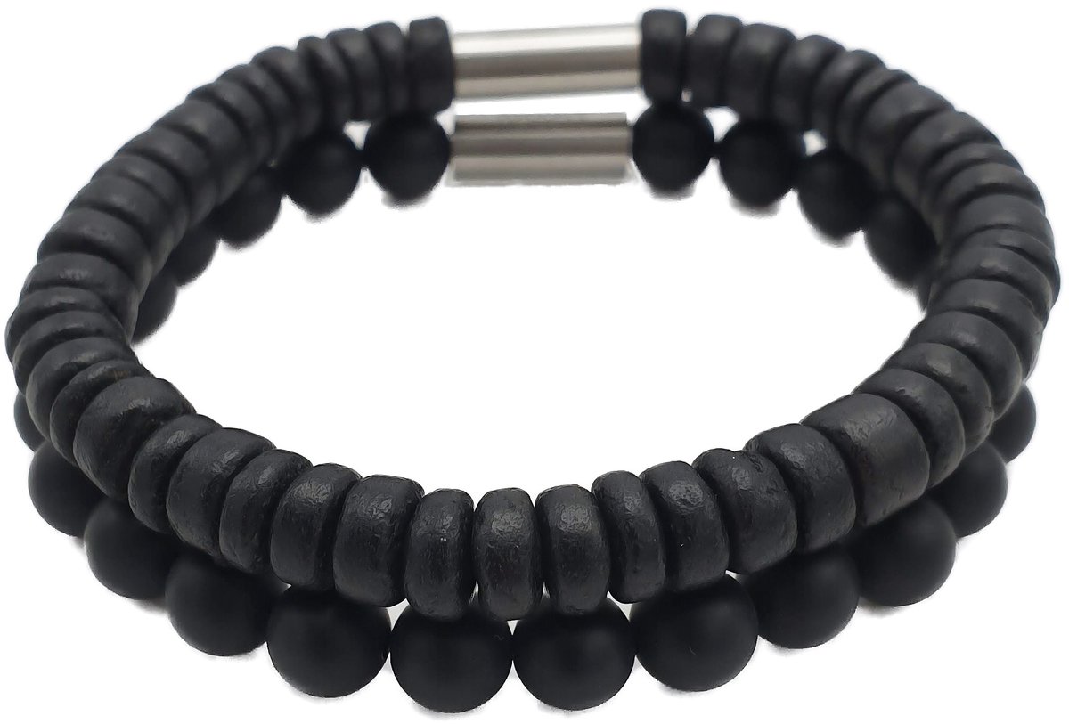 H-Beau - Duo – Cadeau - Set van 2 Handgemaakte Armbanden - Breedte: 8mm – Lengte: 21cm - Zwart - Mannen Armband - Natuurstenen - Natuurkralen - Onyx – Kokos – Hout - Kralen - RVS Kraal – Mat – Heren – Uniseks - Geschenk