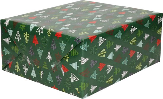 4x Rollen Kerst inpakpapier/cadeaupapier donkergroen/gekleurde bomen 2,5 x 0,7 cm - Luxe papier kwaliteit kerstpapier - Kerstmis