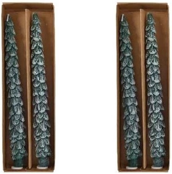 4x Kerstboom kerst kaarsen groen met sneeuw 26 cm - kerstdiner kaarsen