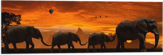 WallClassics - Vlag - Olifanten Stoet bij Zonsondergang - 90x30 cm Foto op Polyester Vlag