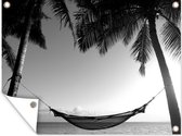 Muurdecoratie buiten Palmbomen op een tropisch strand - zwart wit - 160x120 cm - Tuindoek - Buitenposter