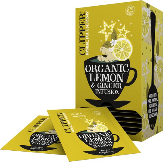 Gele doos Clipper Organic Lemon & Ginger Infusion thee met twee zakjes. Afbeelding van citroen, gember en sterren.