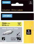 Verpakking DYMO Rhino Heat-Shrink Tube labels, 19 mm x 1,5 m, zwarte tekst op gele achtergrond. RoHS en UL certificering.