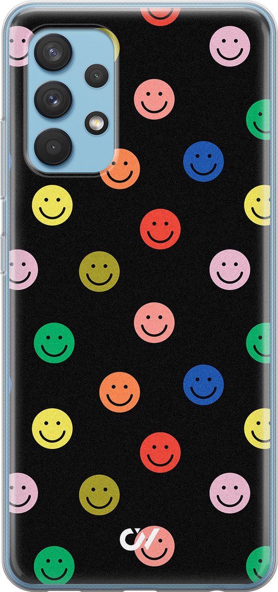 Hoesje geschikt voor Samsung Galaxy A32 4G - Retro Smileys - - Zwart - - Casevibes