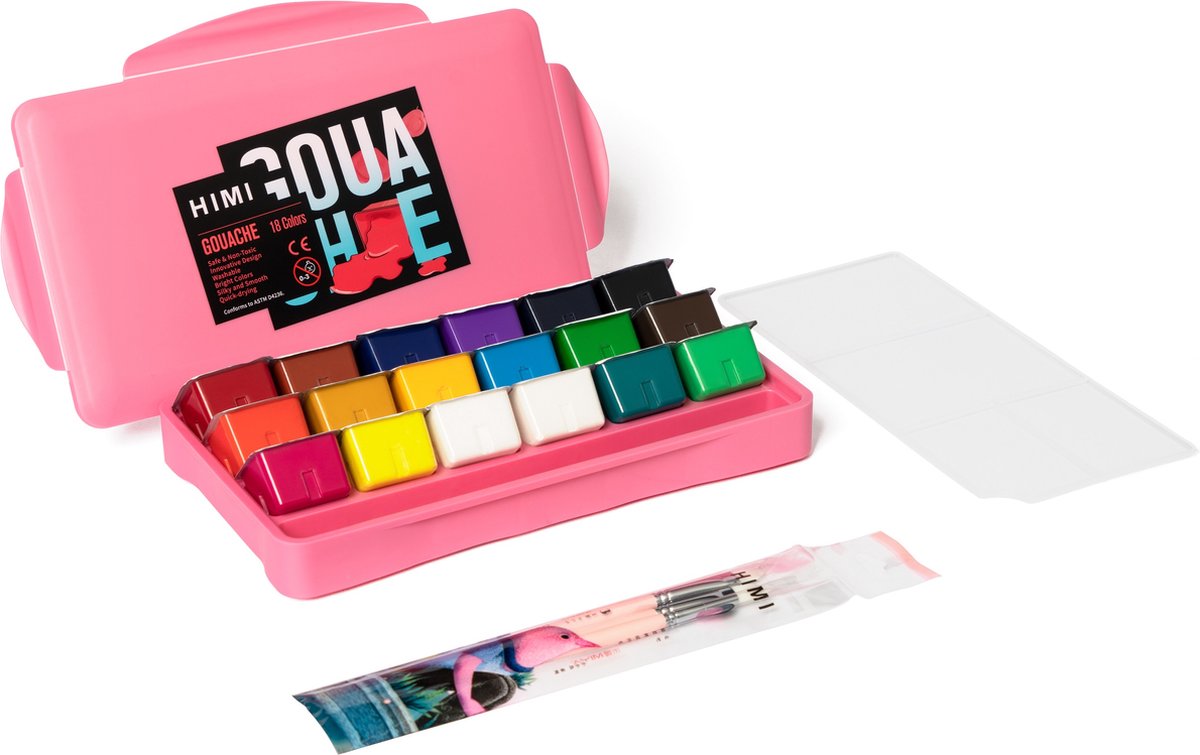 HIMI – Gouache – set van 18 kleuren x 30ml – in kunststof opbergbox roze + 3 penselen