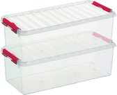 2x Sunware Q-Line opberg boxen/opbergdozen 9,5 liter 48,5 x 19 x 14,7 cm kunststof - Langwerpige/smalle opslagbox - Opbergbak kunststof transparant/rood