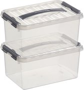 2x Sunware Q-Line opberg boxen/opbergdozen 6 liter 30 cm kunststof- Opslagbox - Opbergbak kunststof transparant/zilver