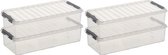 6x Sunware Q-Line boîtes de rangement / boîtes de rangement 6,5 litres 48,5 x 19 x 10,5 cm plastique - Boîte de rangement oblongue / étroite - Boîte de rangement plastique transparent / argent
