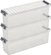 3x Sunware Q-Line opberg boxes/opbergdozen 1,3 liter 27 x 8,4 x 9 cm kunststof - Langwerpige/smalle opslagbox - Opbergbak kunststof transparant/zilver