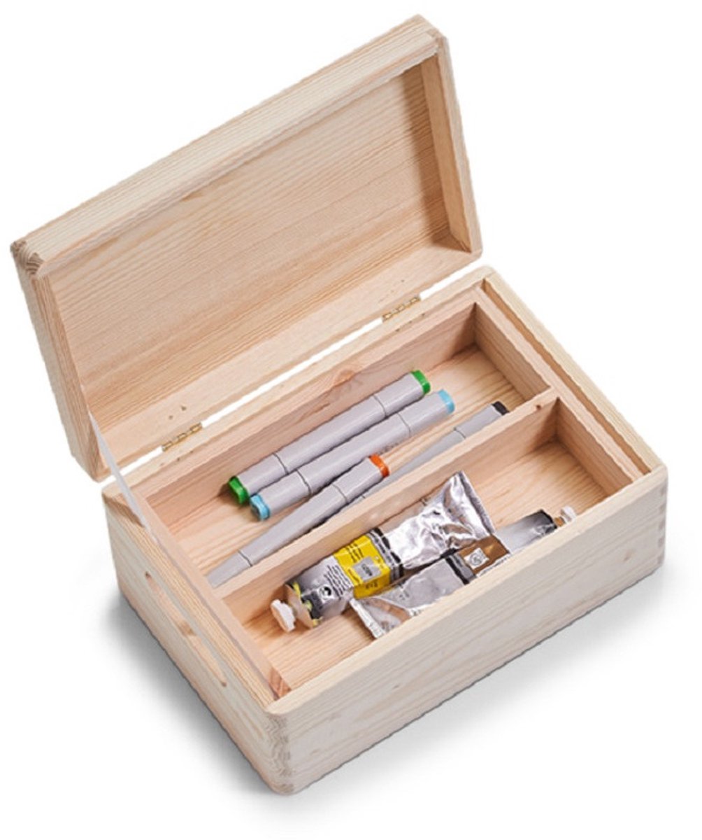1x Houten kistje met deksel met inzettray en vakverdeling 30 x 20 cm - Zeller - Woonaccessoires - Kantoorbenodigdheden - Hobbybenodigdheden - Houten kisten met vakken