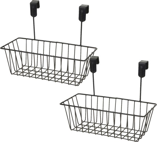 Set de 2x panier avec crochets de porte métal noir 28 x 9,5 cm - Panier suspendu