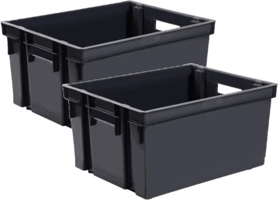 12x caisses de rangement plastique empilables noires L44 x l35 x H24 cm -  30 litres -... | bol.com