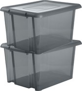 12x stuks kunststof opbergboxen/opbergdozen grijs transparant L65 x B50 x H36 cm stapelbaar - Voorraad/opberg boxen/bakken met deksel