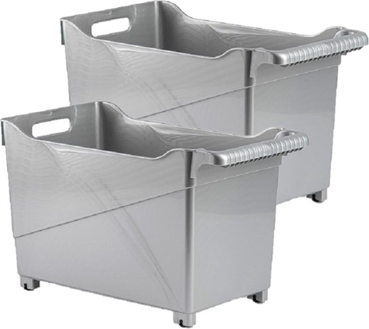 Set van 2x stuks kunststof trolleys zilver op wieltjes L45 x B24 x H27 cm - Voorraad/opberg boxen/bakken