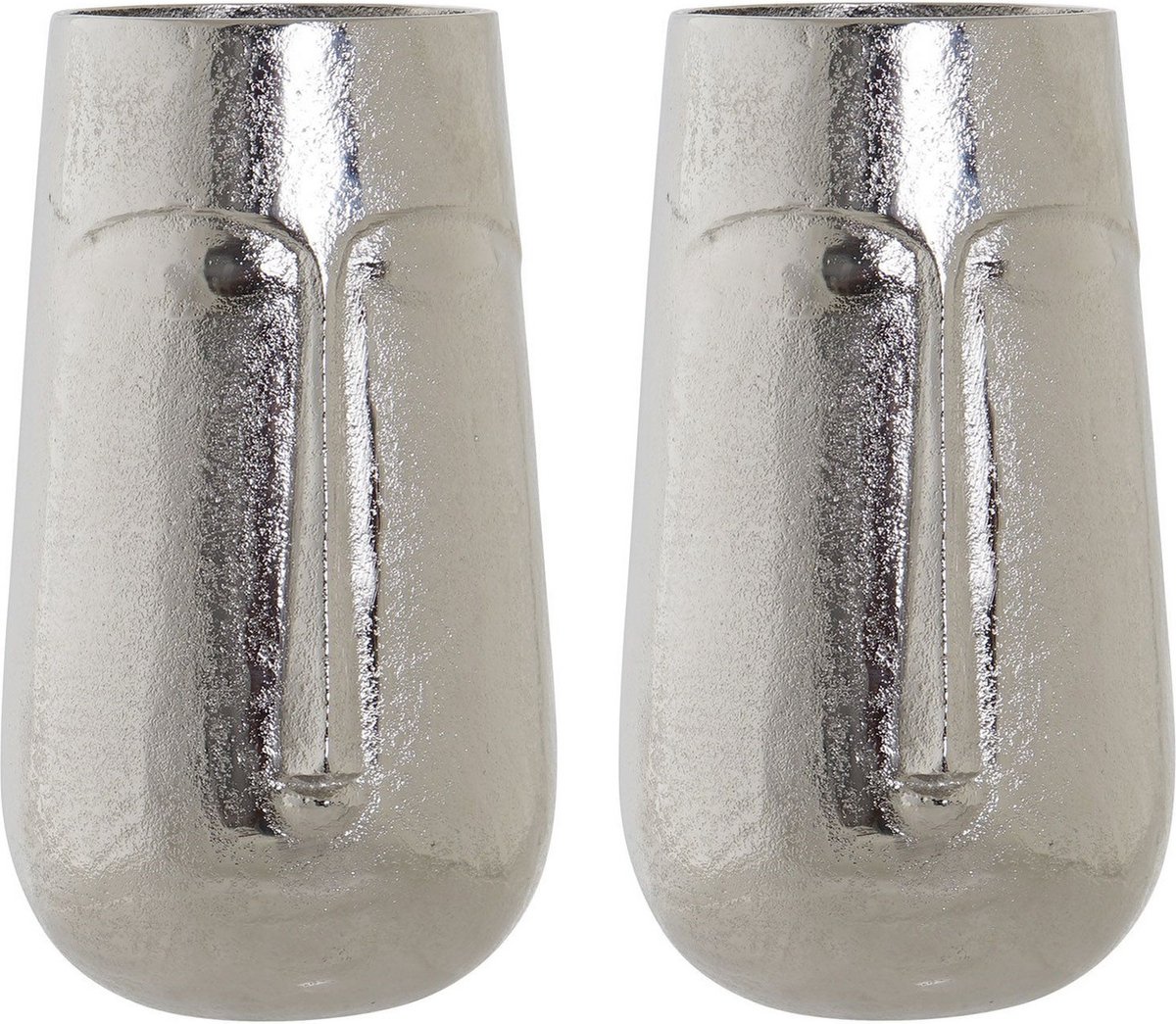 Item International Set van 2x stuks bloemenvaas zilver van aluminium met gezicht 16 x 6 x 28 cm - Bloemen of takken vaas voor binnen