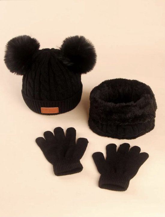 Bonnet d'hiver 3 en 1 Zwart pour enfant, écharpe, gants, bonnet en