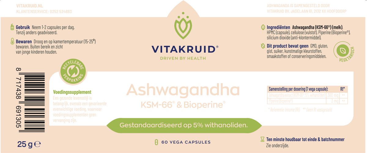 Vitakruid Ashwagandha Ksm Bioperine Vegicaps Bol Com