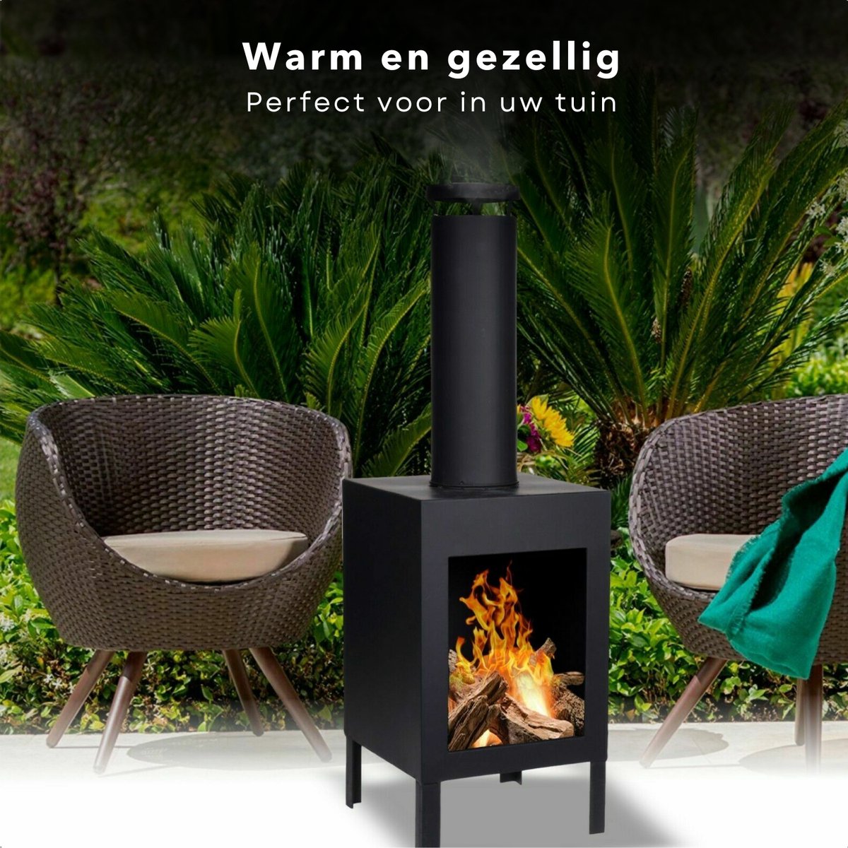 Terrashaard - Houtkachel - Tuinhaard - Terrasverwarming - Vuurkorf - Zwart - 100cm Hoog - 30cm Breed – foto 2