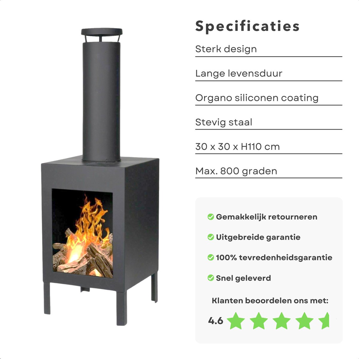 Terrashaard - Houtkachel - Tuinhaard - Terrasverwarming - Vuurkorf - Zwart - 100cm Hoog - 30cm Breed – foto 5