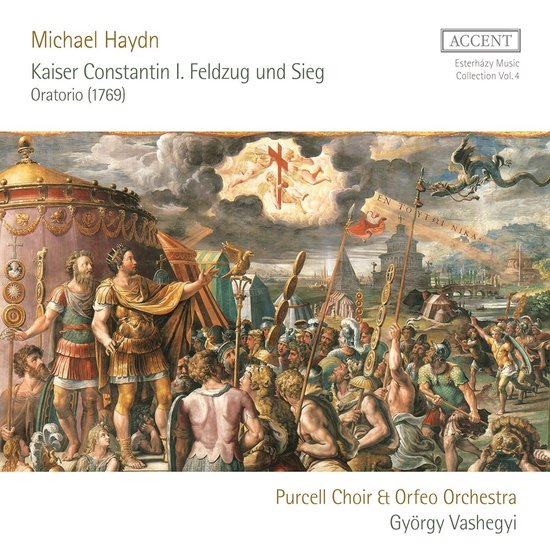 Cover kunst Michael Haydn 'Kaiser Constantin I Feldzug und Sieg' Oratorio (1769). Scène met Romeinse soldaten en goddelijke figuren.