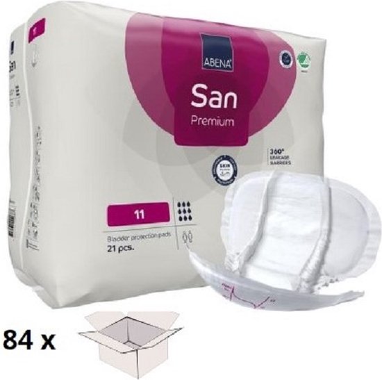 Een grote verpakking van 84 Abena San Premium 11 bladder protection pads, weergegeven als 4 pakken van 21, met een lege doos.
