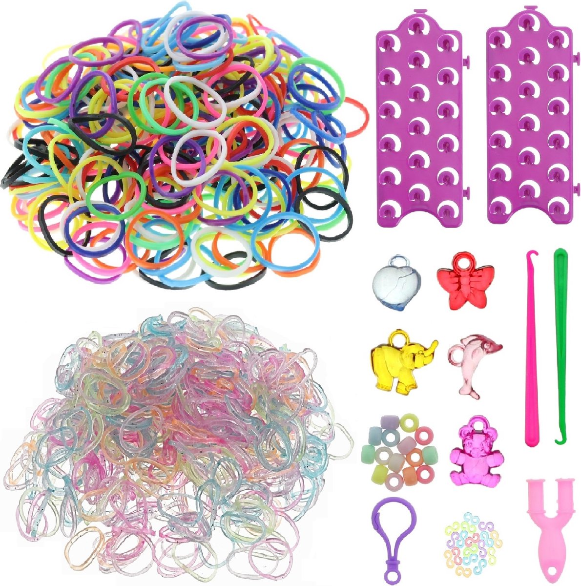 Behave Loombandjes Starterspakket 1000-delig - Loom Elastiekjes incl. Loombord, Glitter & Hangertjes - Knutselen Meisjes - Cadeau