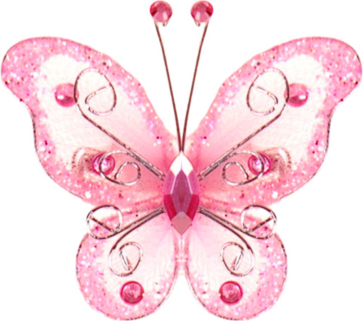 Haarklemmetje Vlinder Roze met Organza, Steentjes en Glitters - 6x5cm