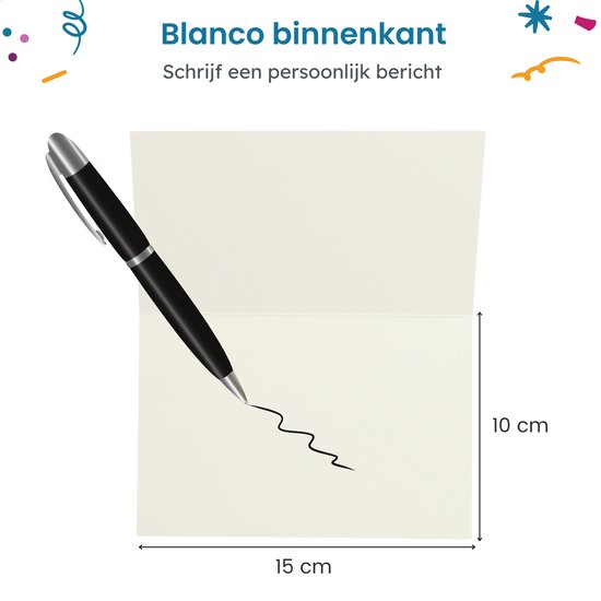 Offwhite kaart van 15x10 cm met een zwarte pen die erop schrijft. Tekst: Blanco binnenkant. Schrijf een persoonlijk bericht.