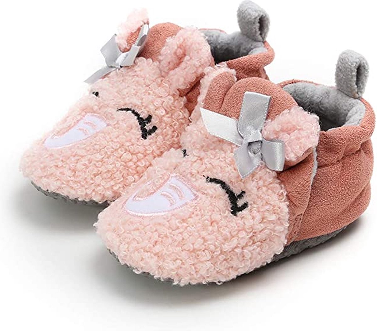 Babyslofjes - Antislip – Fleece voering - Slofjes voor je baby, dreumes voor jongens en meisjes – 6-12 Maanden (12cm) – Roze - Olifant