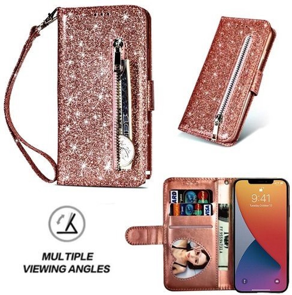 iPhone 12 Pro Max Glitter Hoesje Met Pasjeshouder Bookcase Rose Goud