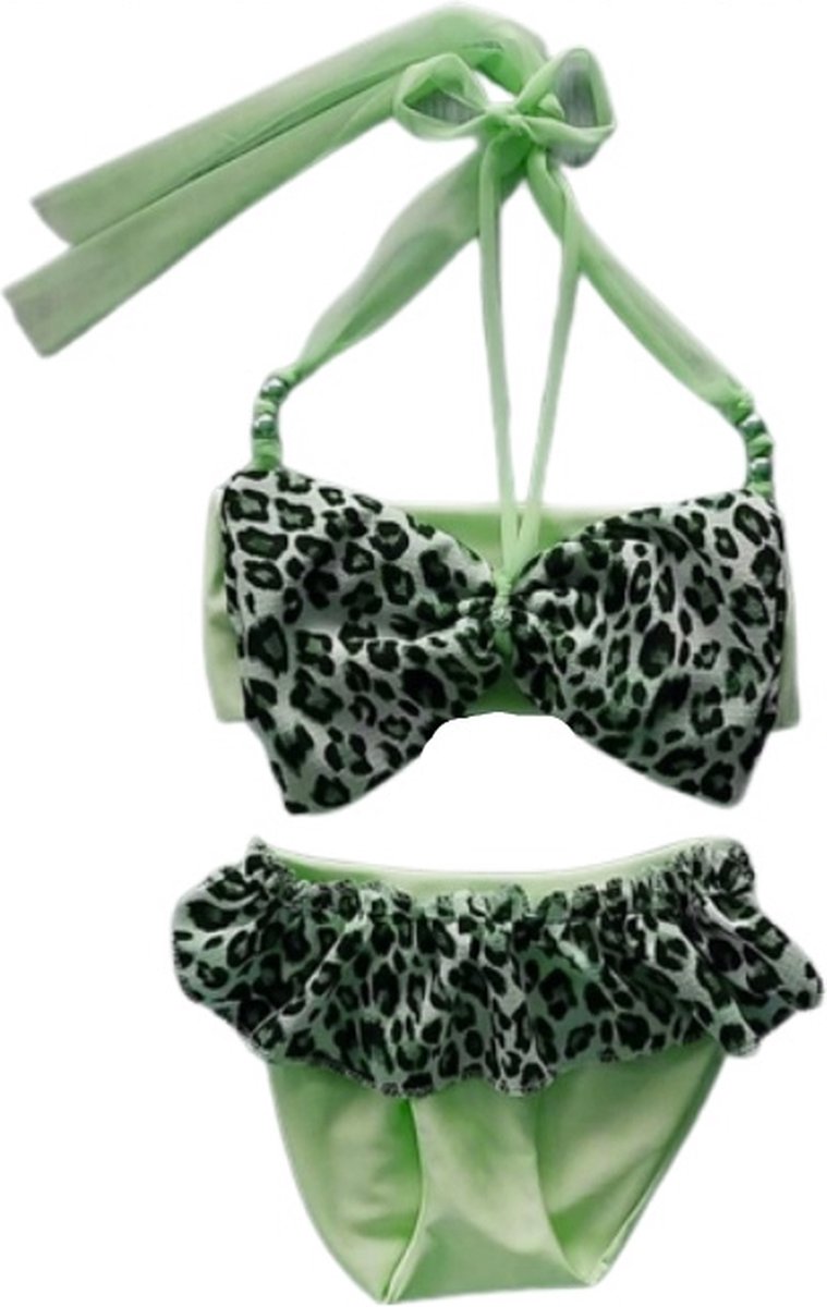 Maat 80 Bikini zwemkleding NEON Groen tijgerprint strik badkleding baby en kind dierenprint fel groene zwem kleding leopard - Merkloos