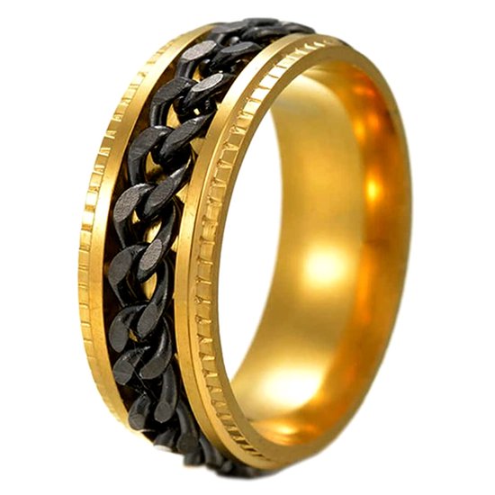 Anxiety Ring - (Ketting) - Stress Ring - Fidget Ring - Anxiety Ring For Finger - Draaibare Ring - Spinning Ring - Goud-Zwart kleurig RVS - (17.00mm / maat 53)