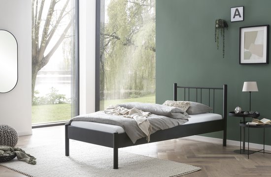Bed Box Wonen - Metalen bed Moon - zwart -90x210 - lattenbodem - pocketvering - matras