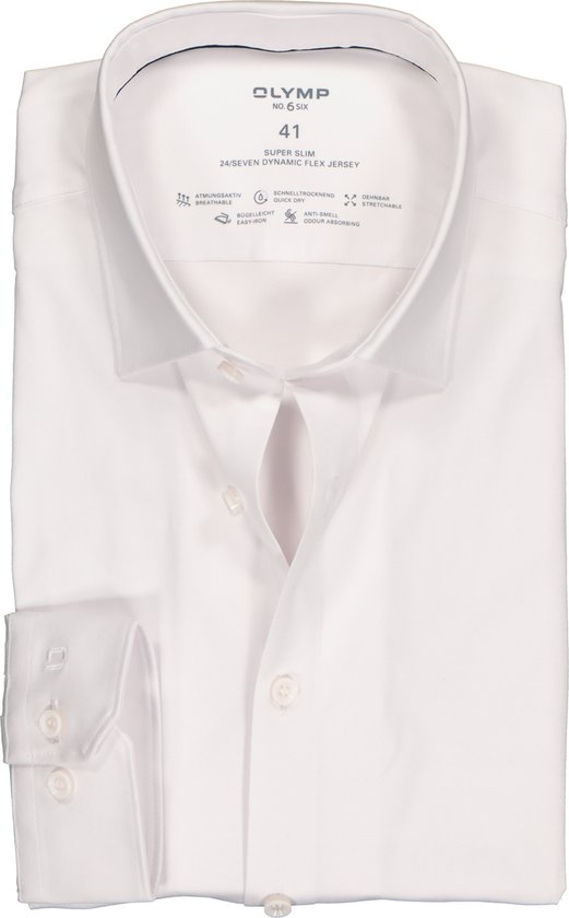 OLYMP No. 6 super slim fit overhemd 24/7 - mouwlengte 7 - wit tricot - Strijkvriendelijk - Boordmaat: 41
