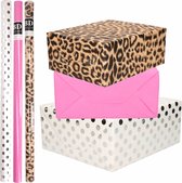 9x Rollen kraft inpakpapier/folie pakket - panterprint/roze/wit met zilveren stippen 200 x 70 cm - dierenprint papier