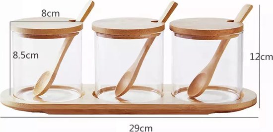 Suikerpot met deksel - Suikerbus - Vooraadpotten Glas en Hout - Voro serveren koffie & thee - Set van 3 - Spieringstore