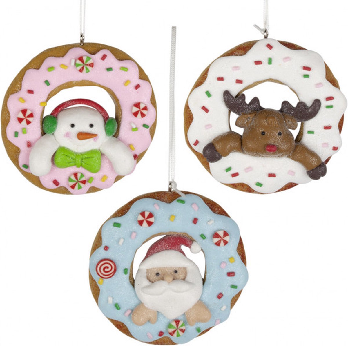 Christmas Paradise - Kerstboom decoratie - Set van 3 - Donuts Sneeuwpop Kerstman en Rendier - Ornament - 9 cm - Kerstboom Versiering - Kersthangers - Kerstbal