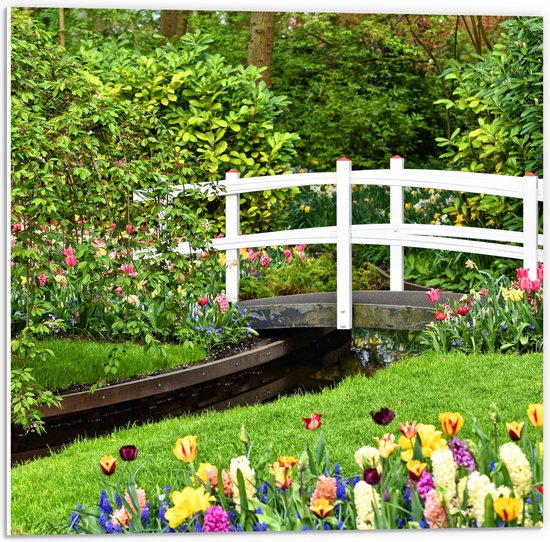 WallClassics - Plaque de Mousse PVC - Pont Witte entre Fleurs Colorées - Photo 50x50 cm sur Plaque de Mousse PVC
