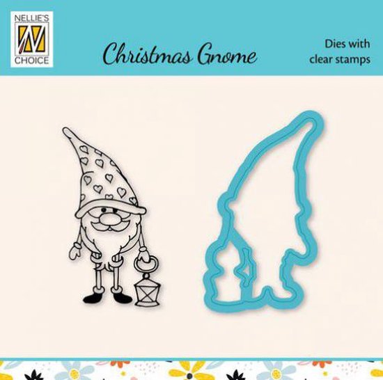 Foto: Hdcs042 nellie snellen snellen design diecut clear stamp gnome with lantern christmas dwerg gnoom lantaarn snijmal stempel