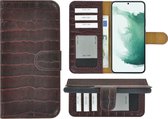 Samsung Galaxy S22 Plus Hoesje - Bookcase Hoesje - Samsung S22 Plus Wallet Book Case Echt Leer Croco Kastanjebruin Cover
